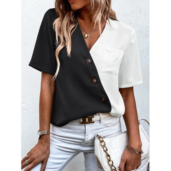 Women's Blouses V Neck Splicing Color Short Sleeve Shirts