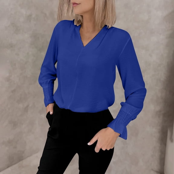 Women's Blouses V-neck Linen Tops with Long Sleeves Close Fitting Office Outfit Casual Solid Color Autumn Wear Basic Everyday Essentials Autumn Winter Underwear