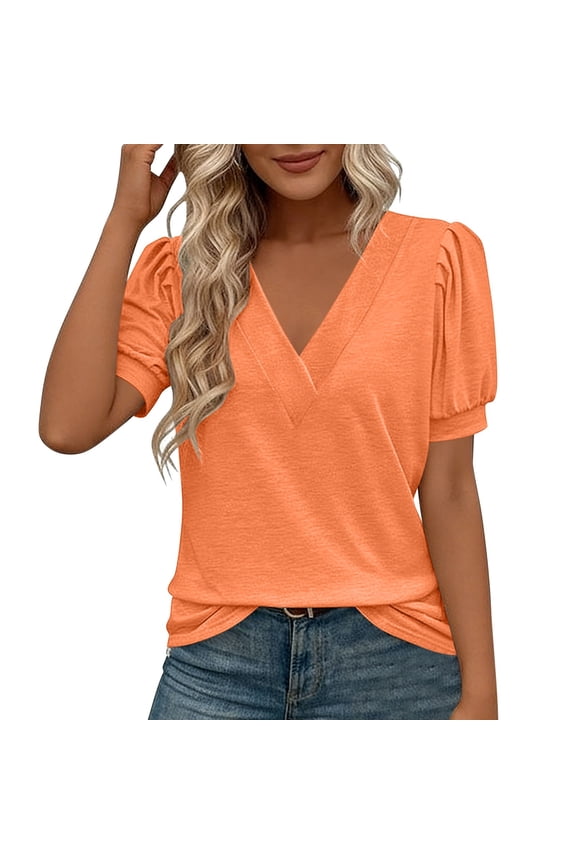 Women's Blouses Women's Puff Sleeve V-Neck Tops Elegant Dressy Casual Knit Blouse Orange XXL