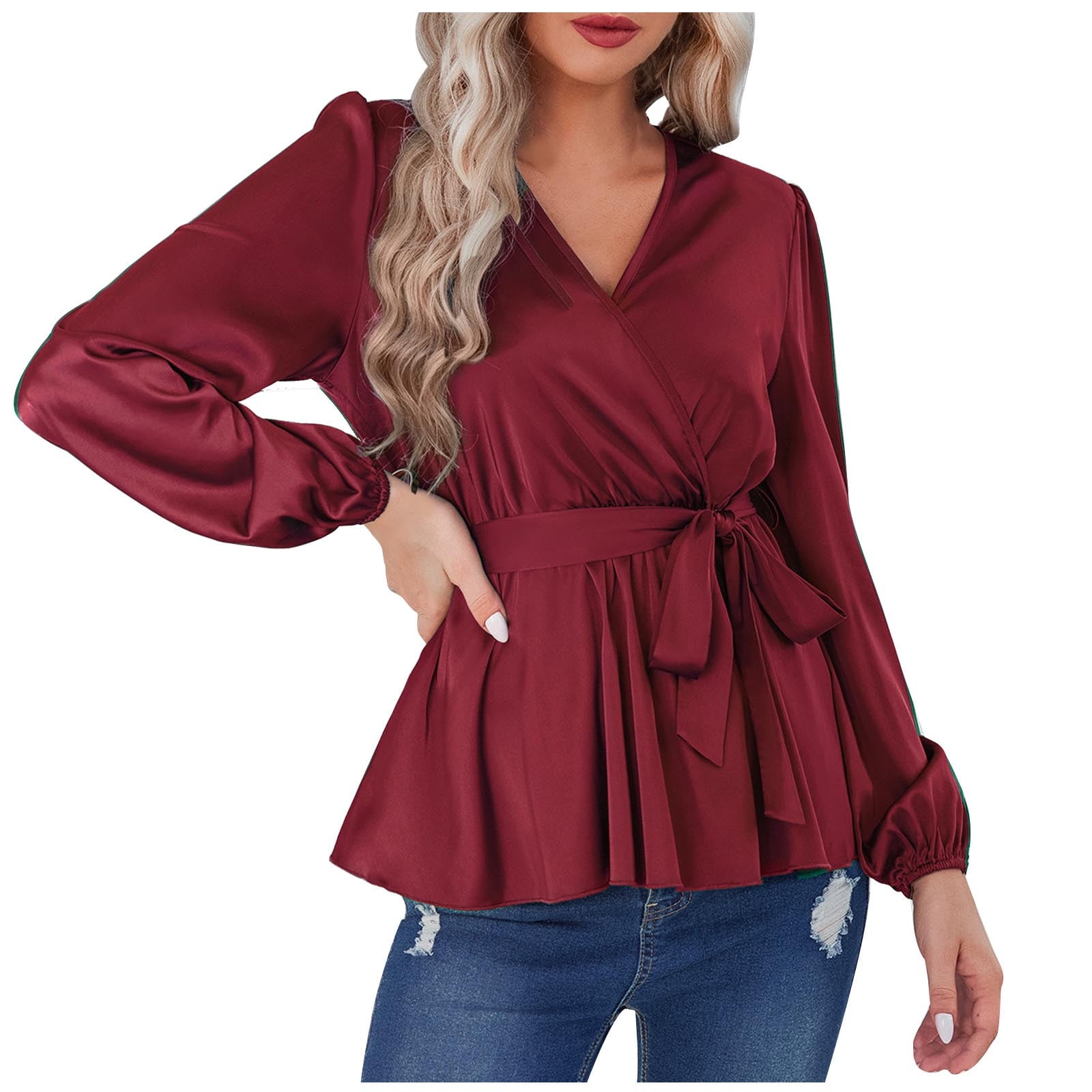 Women's Blouses Wrap V Neck Long Sleeve Peplum Tops Solid Color