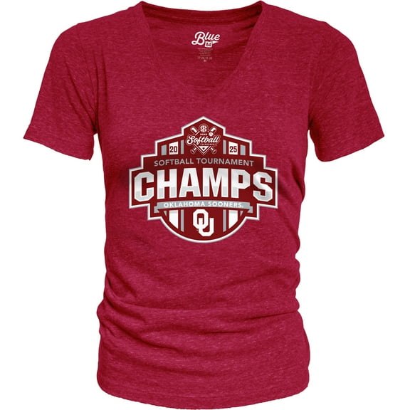 Women's Blue 84 Crimson Oklahoma Sooners 2025 SEC Softball Conference Tournament Champions Locker Room V-Neck T-Shirt