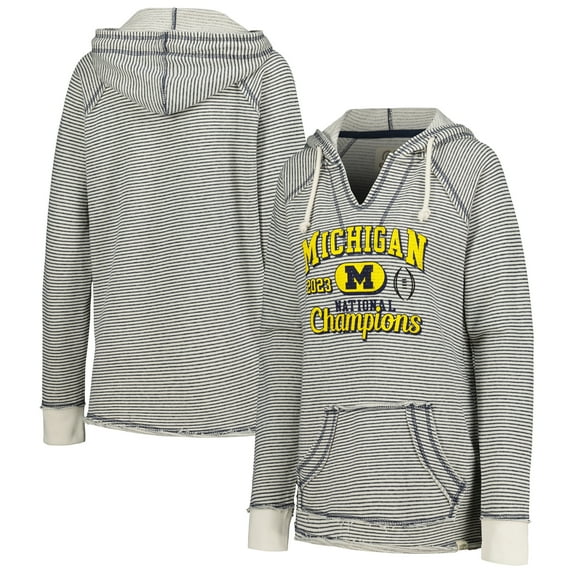 Women's Blue 84 Navy Michigan Wolverines College Football Playoff 2023 National Champions Striped French Terry V-Neck