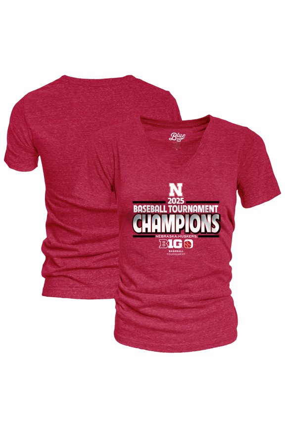 Women's Blue 84 Scarlet Nebraska Huskers 2025 Big Ten Baseball Conference Tournament Champions Locker Room V-Neck