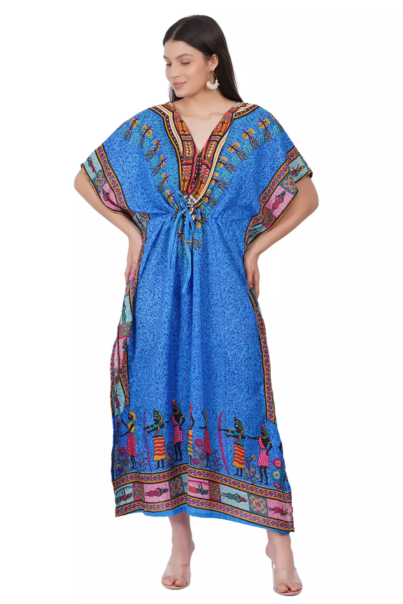Women's Blue African Long Kaftan Maxi Tunic Caftan Gown Top Night Dress One Size