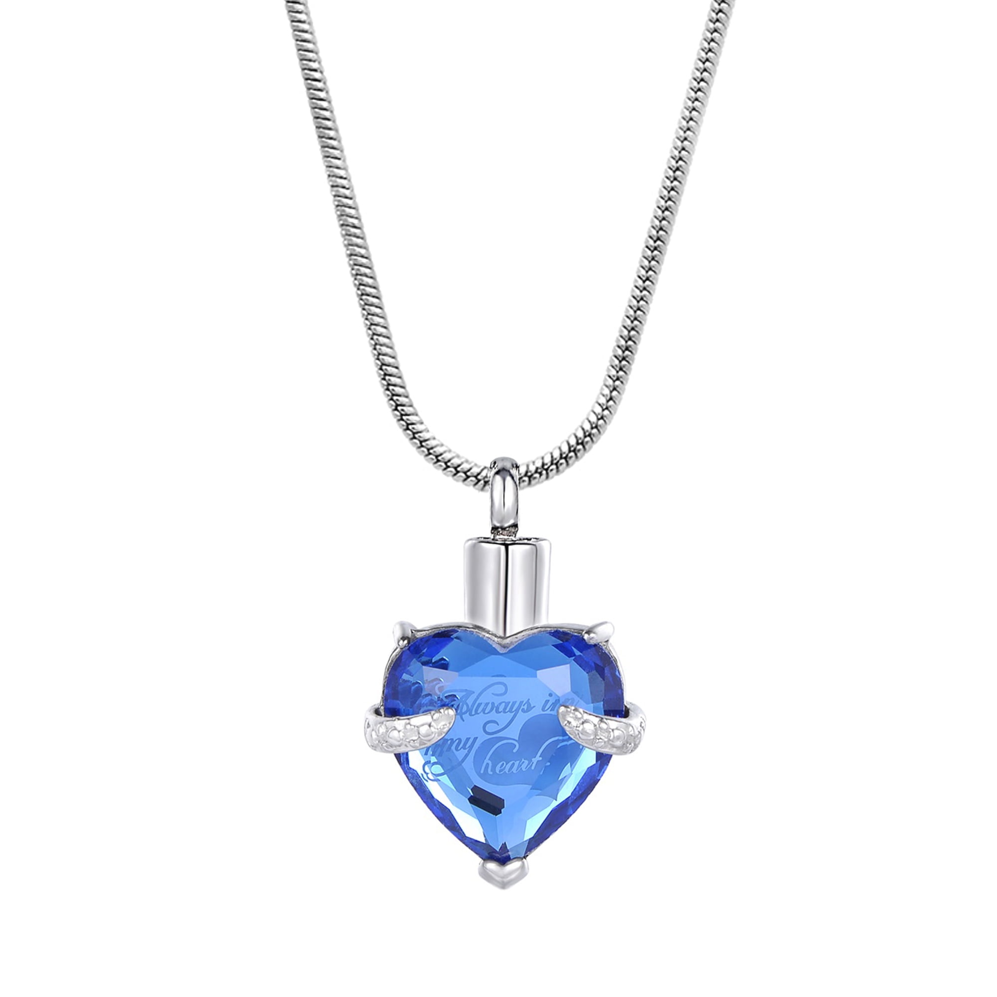 Women's Blue "Always in My Heart" Rhinsestone Heart Cremation Urn Necklace for Ashes Funeral Remembrance Urn Jewelry Memorial Pendant with Free Fill Kit and Gift Box