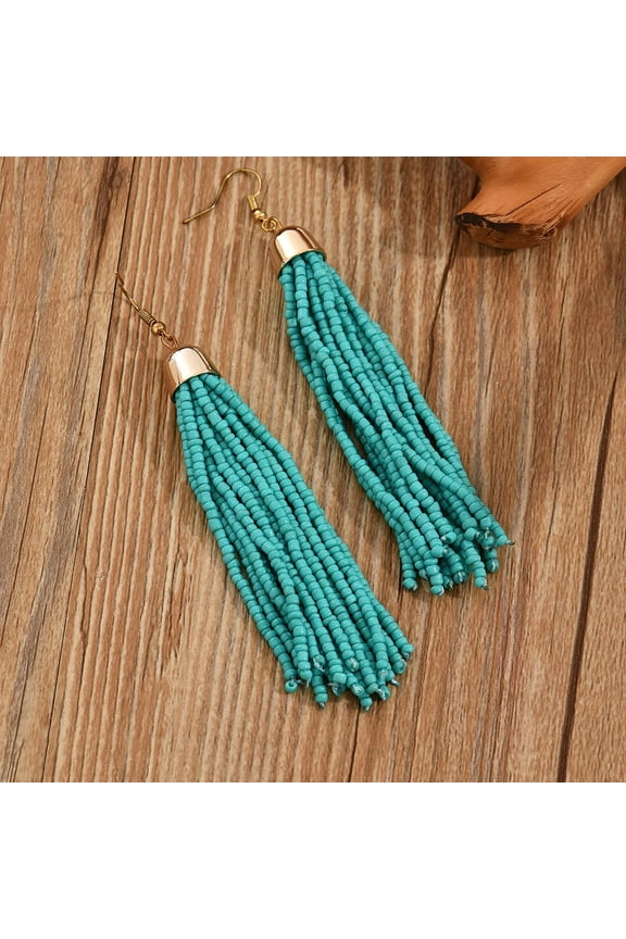 Women's Blue Beaded tassel earrings Long Fringe Drop Earrings Dangle Statement Drop Earrings Gift for Women 1 Pair