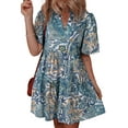 thumbnail image 1 of Women's Blue Bohemian Paisley Floral V Neck Short Sleeve Mini Dress - [ZhiHiMeRi] | (US 12-14)L, 1 of 10