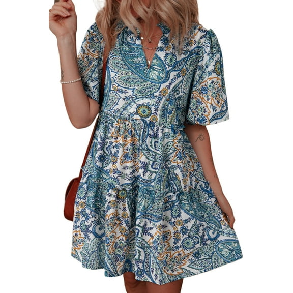 Women's Blue Bohemian Paisley Floral V Neck Short Sleeve Mini Dress - [ZhiHiMeRi] | (US 12-14)L