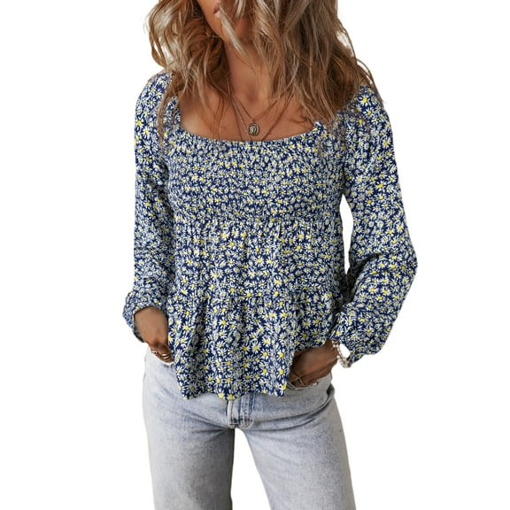 Women's Blue Boho Floral Print Smocked Square Neck Long Sleeve Blouse | [ZhiHiMeRi] | (US 16-18)XL