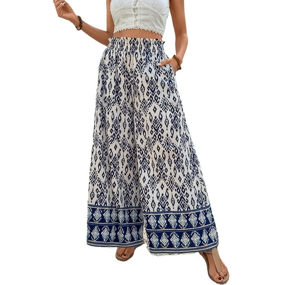 Women's Blue Boho Pattern High Waist Wide Leg Loose Pants for Summer - [ZhiHiMeRi] | (US 16-18)XL