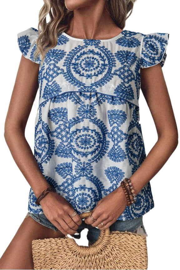 Women's Blue Boho Print Flutter Sleeve Crew Neck Blouse - Casual Floral Top - [ZhiHiMeRi] | (US 12-14)L