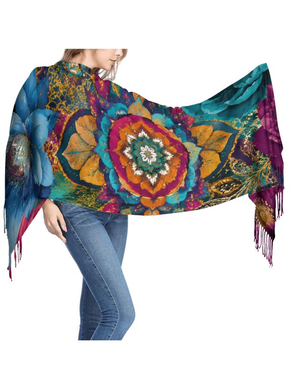 Women's Blue, Brown and Pink Graphic Printed Fringed Scarf, 26 x 77 in Long Shawl Wrap for Travel and Everyday Wear