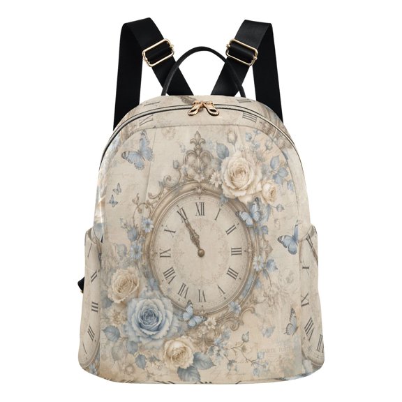 Women's Blue Butterfly Rose Clock Backpack 16L, Water Resistant Anti-theft Casual Daypack, Lightweight Shoulder Bag for Travel Work Daily Commute