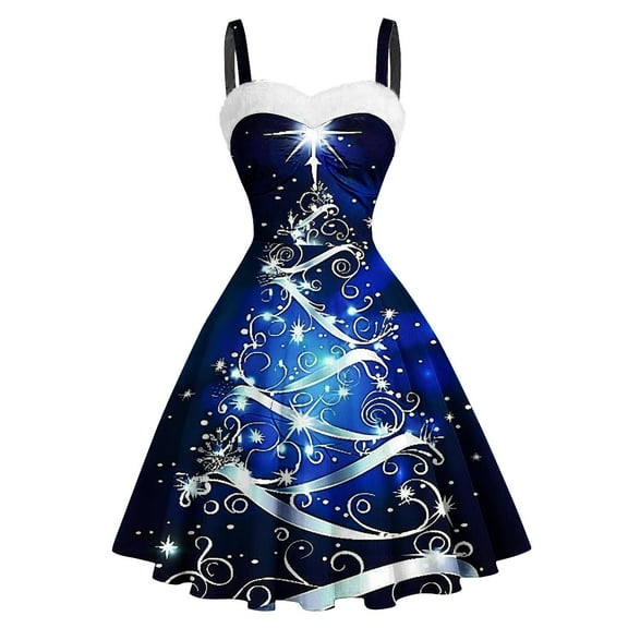DailyTrove Women's Blue Christmas Tree Fit & Flare Dress, Sleeveless, Xmas Party & New Year Event Wear, Shiny Polyester Fabric