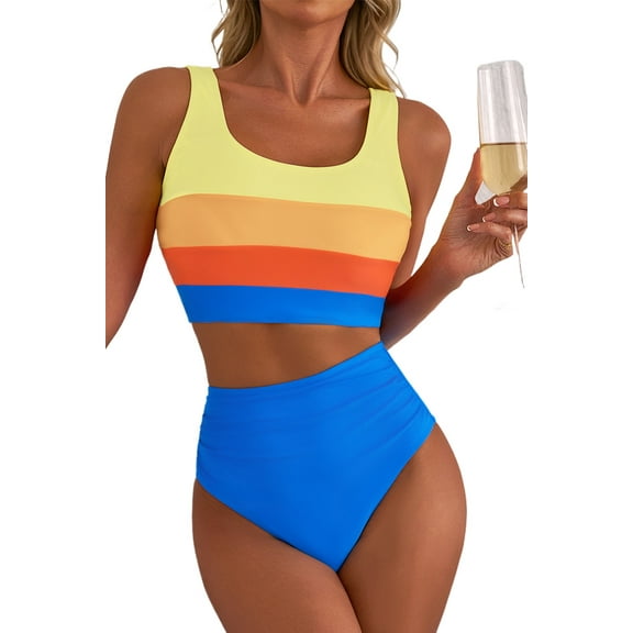 Women's Blue Colorblock Square Neck Bikini Set - Pleated High Waisted Swimwear | [ZhiHiMeRi] | (US 18-20)2XL