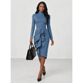 thumbnail image 1 of Women's Blue Denim Midi Length with Asymmetric Line Midi Dress for Wedding Guest, Prom and Evening Party, 1 of 9