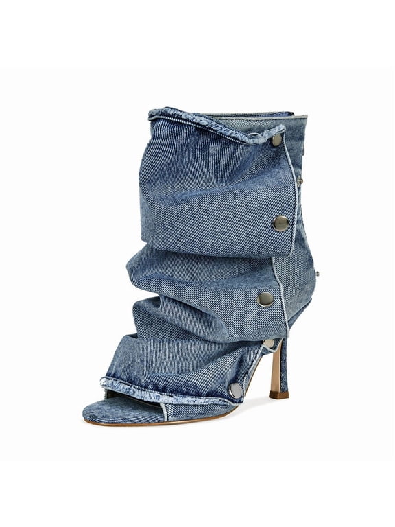 Women's Blue Denim Open Toe Slouchy Stiletto High Heel Ankle Boots Snap Buttons Back Zipper Fold Over Jean Trend Streetwear Dress Heels Booties