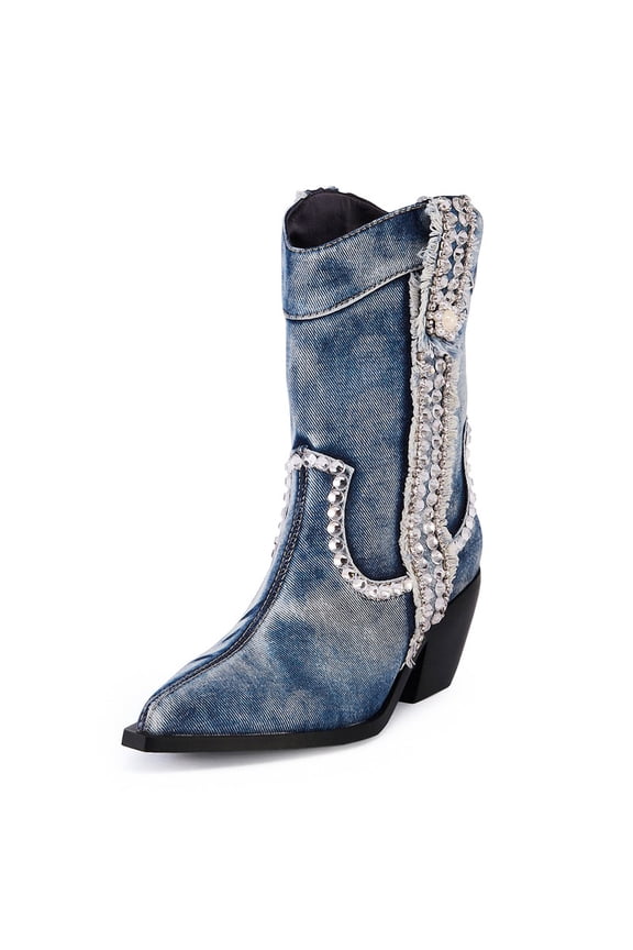 Women's Blue Denim Rhinestones Mid Calf Boots Almond Pointed Chunky Block Heel Cowgirl Cowboy Boots Sparkly wide calf Western Jean Boots 7