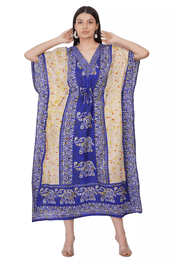 Women's Blue Elephant Printed Long Kaftan Maxi Tunic Caftan Gown Top Night Dress One Size