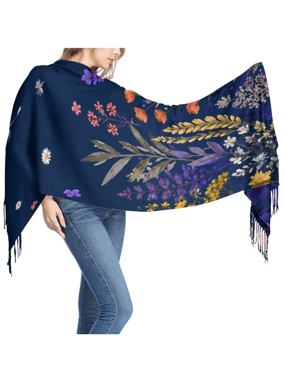 Women's Blue Floral Leaf Print Scarf, Lightweight Fringed Fashion Shawl Wrap for Travel, Office, Evening and Everyday Layering, One Size