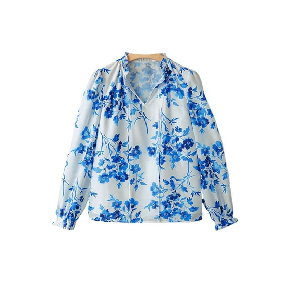 Women's Blue Floral Long Sleeve Lace-up V Neck Blouse for Casual Spring Outfits - [ZhiHiMeRi] | XL