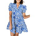 thumbnail image 1 of Women's Blue Floral Print Puff Sleeve Tiered Mini Dress, 1 of 12