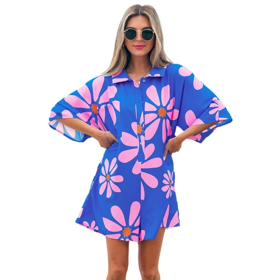 Women's Blue Floral Print Shirt Collar Button Front Loose Romper for Summer - [ZhiHiMeRi] | (US 12-14)L