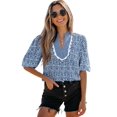 thumbnail image 1 of Women's Blue Floral Striped Print Top with Contrast Ric-Rac Puff Sleeves - [ZhiHiMeRi] | (US 12-14)L, 1 of 11