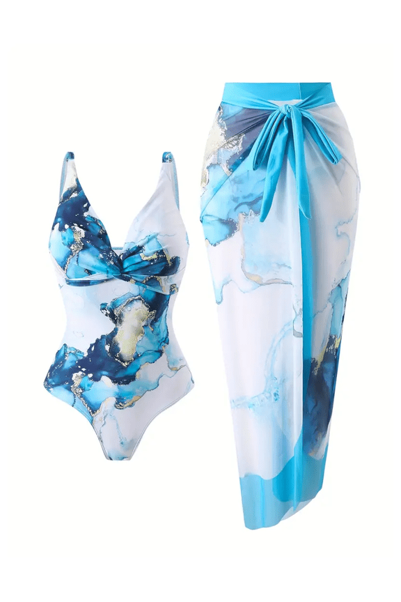 Women's Blue Gold Marble Print One-Piece Swimsuit with Mesh Cover-Up Skirt, Modest Tummy Control Bathing Suit for Beach Vacation, S-XXL