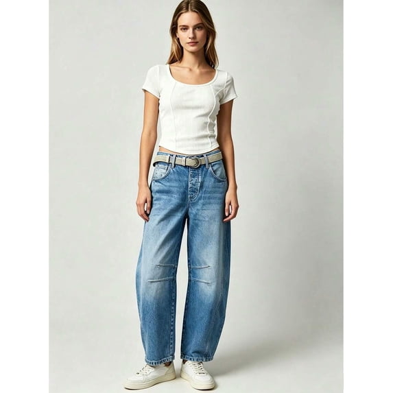Women's Blue High Waist Wide Leg Jeans Light Wash Denim Barrel Leg Casual Vintage Pants