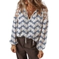 thumbnail image 1 of Women's Blue Lace Patchwork Floral Bubble Sleeve Blouse with V Split Neck | [ZhiHiMeRi] | L, 1 of 5