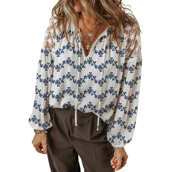 Women's Blue Lace Patchwork Floral Bubble Sleeve Blouse with V Split Neck | [ZhiHiMeRi] | XL