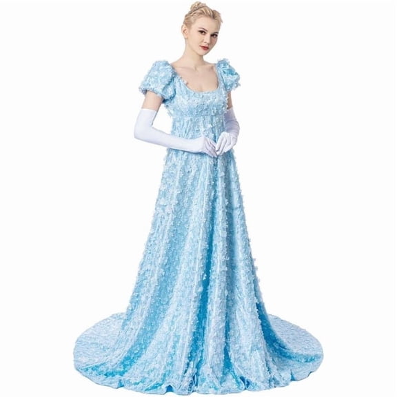 Women's Blue Lace Regency Style High Waist Ruffled Puff Sleeve Long Gown Elegant Vintage Dress