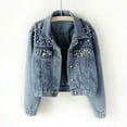thumbnail image 1 of Women's Blue Long Sleeve Denim Jacket Pocket Beading Casual Short Outwear Coat Full Coats for Women Womens Sleep Jackets Athletic Jacket Women Pullover Women Jacket Women without Hood Elderly Jacket, 1 of 2
