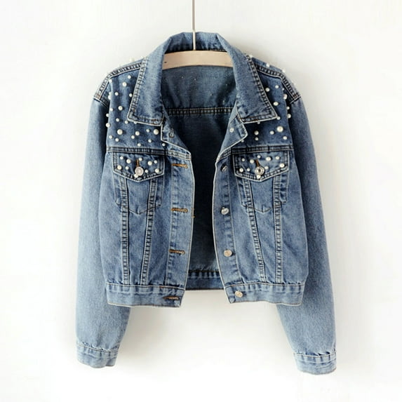 Women's Blue Long Sleeve Denim Jacket Pocket Beading Casual Short Outwear Coat Full Coats for Women Womens Sleep Jackets Athletic Jacket Women Pullover Women Jacket Women without Hood Elderly Jacket