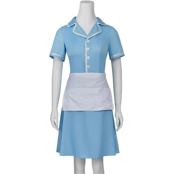Women’s Blue Maid Style Waiter Dress with Apron Elegant Uniform Outfit for Adults