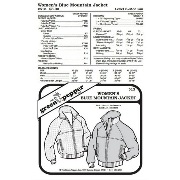 Women's Blue Mountain Jacket Coat Outerwear #513 Sewing Pattern (Pattern Only)