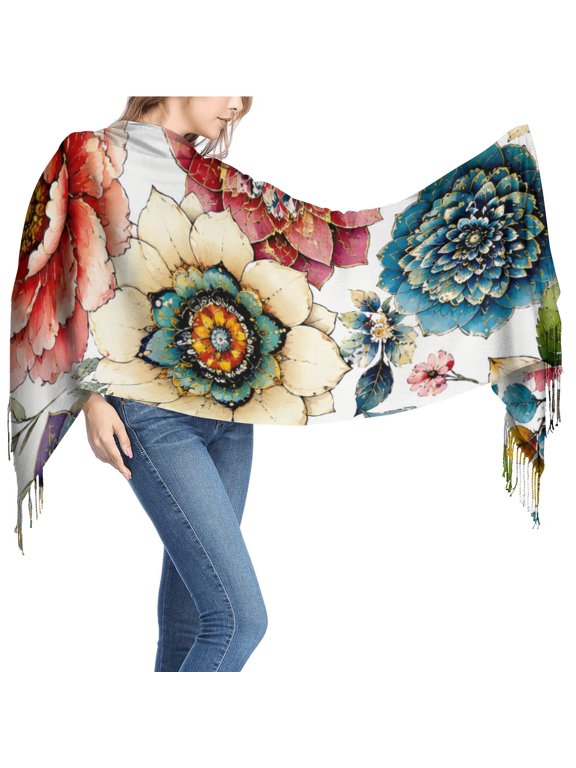 Women's Blue, Orange and Red Graphic Printed Fringed Scarf, 26 x 77 in Long Shawl Wrap for Travel and Everyday Wear