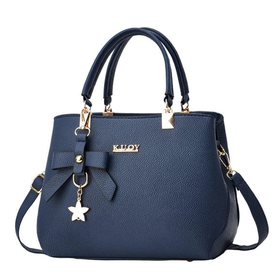 Women's Blue PU Leather Handbag with Star Charm & Bowknot, Large Capacity Satchel Shoulder Crossbody Bag with Adjustable Strap for Work School Daily Casual Use
