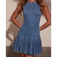 thumbnail image 1 of Women's Blue Sleeveless Denim Mini Dress, Pleated Drop Waist Ruffle Hem Dress, 1 of 6