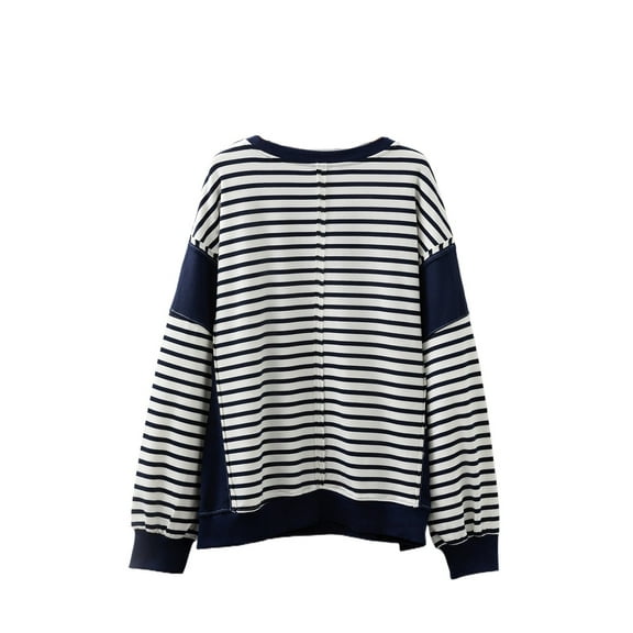 Women's Blue Stripe Color Block Plus Size Sweatshirt – Casual Long Sleeve Round Neck for Daily Wear [ZhiHiMeRi] | 4X