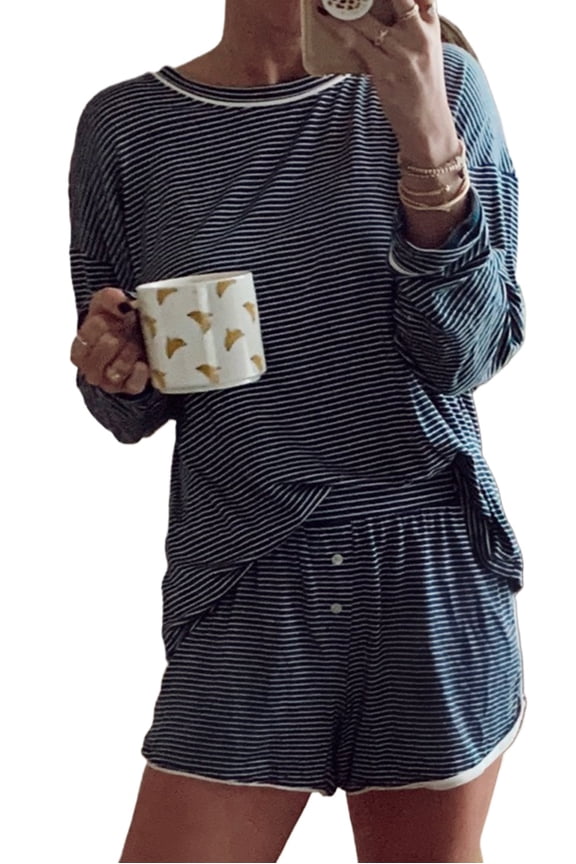 Women's Blue Stripe Lounge Set – Drop Shoulder Tee & Buttoned Shorts for Cozy Home Days | XL