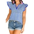thumbnail image 1 of TinyCribz Women's Blue Striped Polo Blouse – V Neck Contrast Trim Short Sleeve Casual Top for Summer 2XL, 1 of 9