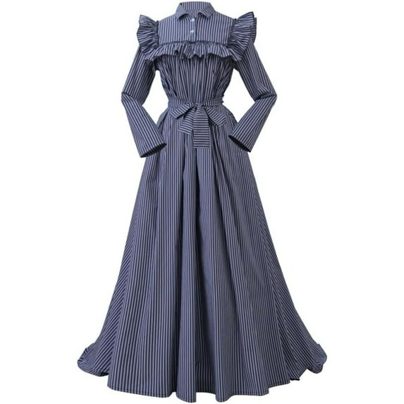 Women's Blue Striped Regency Period Vintage Ruffle Dress Colonial Pioneer Costume