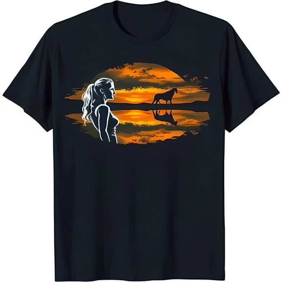 Women's Blue T-Shirt with Sunset Beach Design of Woman & Horse