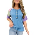 thumbnail image 1 of Women's Blue Twisted Ribbed Color Block Henley T-Shirt – Casual Summer Essential, XL, 1 of 5