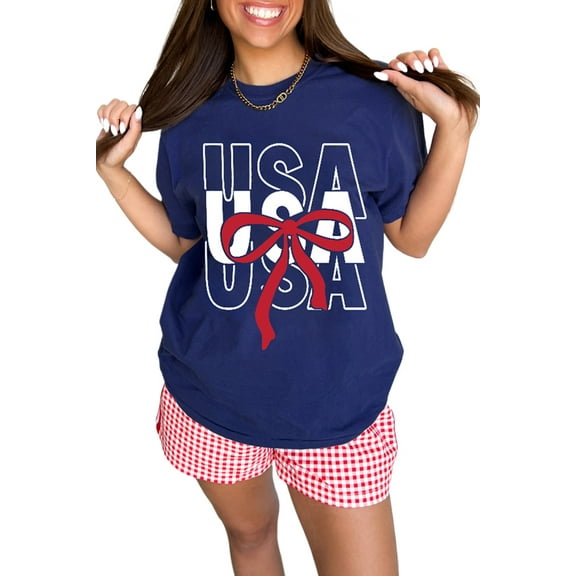 Women's Blue USA Bow Printed Casual Cotton Blend T-Shirt - [ZhiHiMeRi] | (US 8-10)M