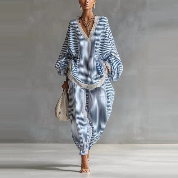 Women's Blue White Striped Lace Trim Boho Two-Piece Vacation Set Dolman Sleeve V Neck Loose Top & Elastic Cuff High Waist Jogger Pants