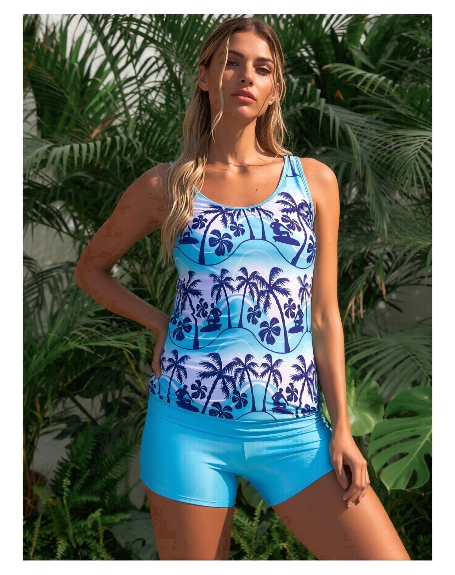 Women's Blue and White Ombre Palm Tree Print Ruched Tankini Swimsuit - Two Piece with Boyshorts, Tummy Control Bathing Suit Sizes XL to 4XL