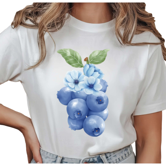 Women's Blueberry Bouquet Graphic Watercolor Floral Casual T Shirt Comfortable Short Sleeve Round Neck Top White S-5XL